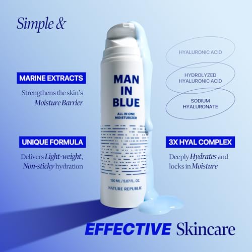Nature Republic Man In Blue All In One Moisturizer - Daily Fresh Facial Lotion, Korean Natural Hydrating Simple Skin Care For Men Dry Beard Face, Rich, Lightweight, Aftershave, 150ml/5.07 Fl.Oz.