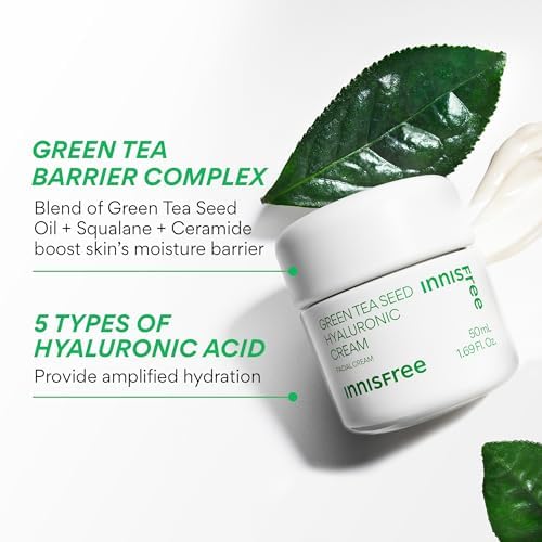innisfree Green Tea Seed Hyaluronic Acid Cream With Barrier Boosting Complex and Ceramide, Korean Hydrating Face Moisturizer and Balancing Cream