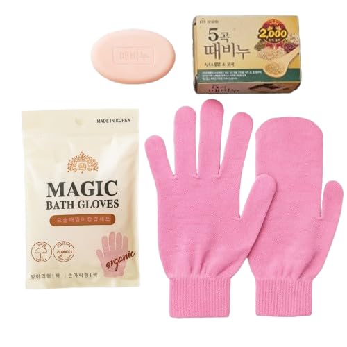 Exfoliating Mitt Glove for Dead Skin – Smooth Body Scrub Shower & Bath Set with Korean Finger + Mitt Combo & 5 Grain AHA Soap Set– Skin Care Exfoliator Gloves & Bar