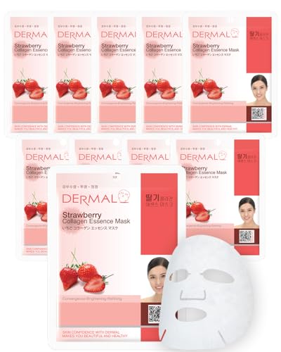 DERMAL Strawberry Collagen Essence Facial Mask Sheet 23g Pack of 10 - Pore Tightening & Sebum Control for Oily Skin, Hydrating Daily Skin Treatment Solution Sheet Mask