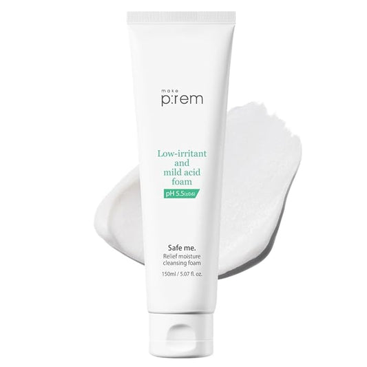 MAKE P:REM Safe Me. Relief Moisture Cleansing Foam, Delicate Eye-Friendly Face Wash, pH Balanced Deep Pore Cleansing, Korean Skin Care, 150ml, 5.07 Fl.Oz.