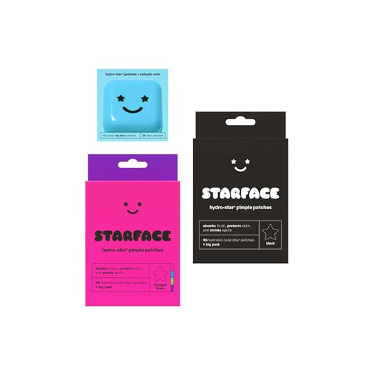 Starface World Hydro-Star + Salicylic Acid Patches (32 ct) with Big Blue Compact, Black Star Hydrocolloid Pimple Patches Big Pack (96 ct), and Party Pack Hydrocolloid Pimple Patches Big Pack (96 ct)