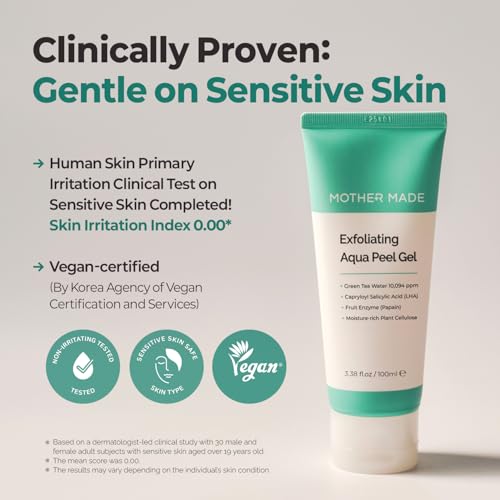 MOTHER MADE LHA Green Tea Exfoliating Aqua Peel Gel, Pore Care, Gentle Facial Exfoliator, Dead Skin Remover, Natural Cellulose for Peeling, Vegan, Korean Skincare, 2 Pack (100ml / 3.38 fl.oz)