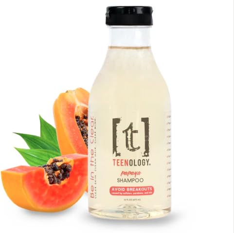 Teenology Shampoo for Teens - Avoid Forehead and Body Acne - No Sulfates or Parabens, Noncomedogenic, Natural Botanical Extracts, 16 oz. (Fresh Papaya)