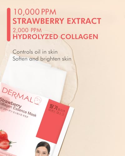 DERMAL Strawberry Collagen Essence Facial Mask Sheet 23g Pack of 10 - Pore Tightening & Sebum Control for Oily Skin, Hydrating Daily Skin Treatment Solution Sheet Mask
