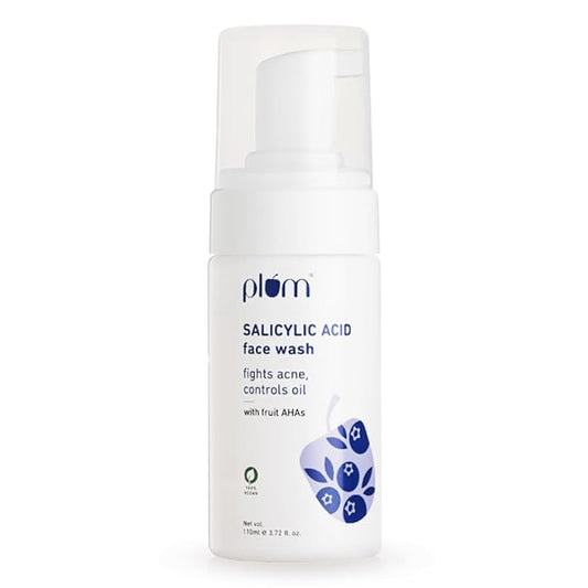 Plum 1% Encapsulated Salicylic Acid Foaming Face Wash with Glycolic Acid, Fruit AHA's & Blueberry Extracts | Fights Acne, Blackheads & Breakouts | For Men & Women | Sulphate-Free | 100% Vegan | 110 ml