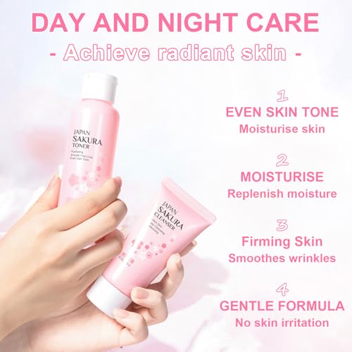 5Pcs Skin Care Set Sakura Women Beauty Gift Sets Korean Skin Care Kit with Cleanser, Face Serum, Face Cream,Toner,Eye Cream, Mud Mask - Skin Care Routine Kit for Women (Sakura)