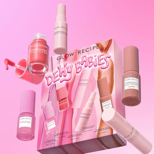 Glow Recipe Dewy Babies Travel Skincare Set - Plum Plump Hyaluronic Acid Serum + Dewy Flush Tinted Blush Drops + Pink Juice Face Moisturizer + Bronzing Hue Drops + Ultra Fine Facial Mist (5 Count)