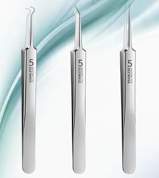 3 Pcs Silver Professional Blackhead Tweezer,Extractor Acne Removal, Professional Facial Blackhead Remover Tweezers Precision Extractor Acne Removal Kit Pimple Popper Tool