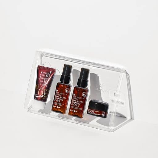 MIZON Snail Line Set, Korean Snail Skincare Essentials Set, Mini Sized Snail Foam Cleanser, Toner, Essence, and All in One Facial Cream to Improve Skin Tone, Fine Wrinkles, Smooth, Moisturize.