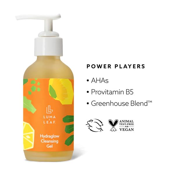 LUMA & LEAF Hydraglow Gel Face Cleanser - 3.8 fl oz Brightening Daily Cleanser Face Wash with Botanical Fruit Enzyme Blend and Hyaluronic Acid Hydration – For all Skin Types