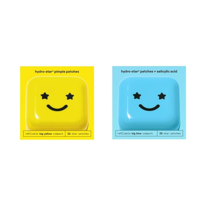 Starface World Hydro-Star Hydrocolloid Pimple Patches (32 ct) with Big Yellow Compact, and Hydro-Star + Salicylic Acid Patches (32 ct) with Big Blue Compact