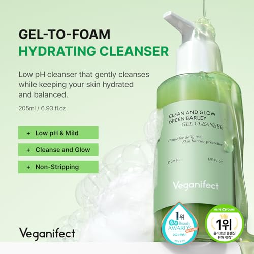 VEGANIFECT Gel-to-Foam Cleanser | Low pH Hydrating Face Wash for Dry & Sensitive Skin | Hydrates & Balances Skin | Korean Vegan Skincare (205ml/6.93 fl oz)