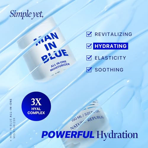 Nature Republic Man In Blue All In One Moisturizer - Daily Fresh Facial Lotion, Korean Natural Hydrating Simple Skin Care For Men Dry Beard Face, Rich, Lightweight, Aftershave, 150ml/5.07 Fl.Oz.