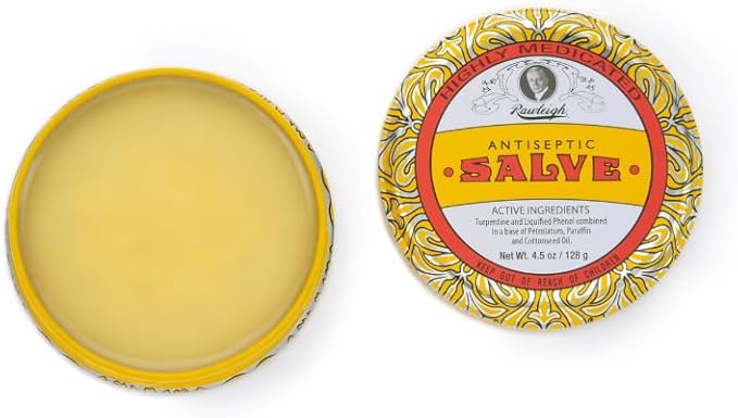 Rawleigh Antiseptic Salve Iconic Yellow Big Tin: 4.5 oz, Multi-Purpose Ointment Soothes Cuts, Bruises, Irritations, with Turpentine, Phenol, Cottonseed Oil & Paraffin, Original Formula - Pack of 12