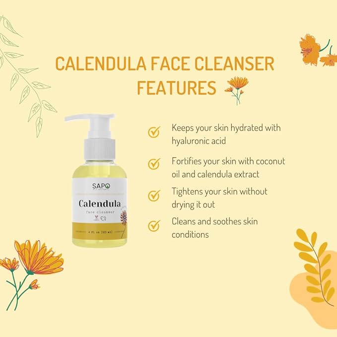 Calendula Face Cleanser - Hydrating Creamy Facial Wash with Hyaluronic Acid, Coconut Oil & Glycerin - Calming, Moisturizing & Vegan For Dry, Oily, Sensitive or Irritated Skin - 4 oz