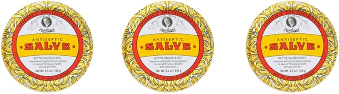 Rawleigh Antiseptic Salve Iconic Yellow Big Tin: 4.5 oz, Multi-Purpose Ointment Soothes Cuts, Bruises, Irritations, with Turpentine, Phenol, Cottonseed Oil & Paraffin, Original Formula - Pack of 3