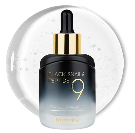 Farmstay Black Snail & Peptide9 Perfect Ampoule, Korean Snail Mucin Serum for Elastic & Glow Skin, Boosting Radiance & Repairing Skin Barrier Serum, for Women & Men, Korean Skin Care, 1.18 Fl. Oz.