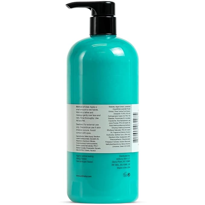 Anthony Algae Facial Cleanser, 32 Fl Oz - Algae, Aloe Vera, Azulene, Lavender & Rose Hip Oil for Cleansing, Refreshing, Moisturizing, Hydrating, Calming & Soothing Skin
