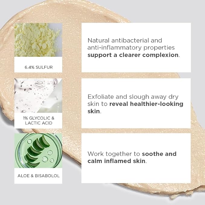Glytone Acne Clarifying Mask | Sulfur Acne Face Mask Purify Pores and Clearer Complexion | Exfoliating & Soothing Therapy with 6.4% Sulfur, 1% Glycolic & Lactic Acid | Calming facial Clay - 3 oz