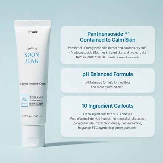ETUDE SoonJung 2x Barrier Intensive Cream Original, Face Moisturizer, Shea Butter Hydrating Facial Cream for Sensitive Skin, Water-oil Balance & Panthenol, Korean Skin Care (2.02 Fl Oz)