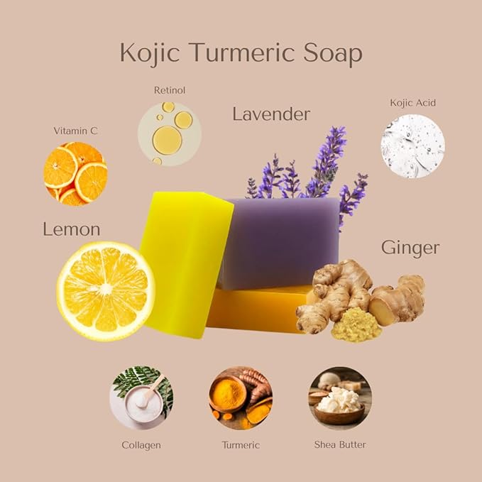 Organic To Green Kojic Turmeric Soap for Dark Spots - Infused with Hyaluronic Acid, Retinol, Vitamin E, Shea Butter, Collagen (3 Pack - Lemon, Fresh Ginger, and Lavender Scent)