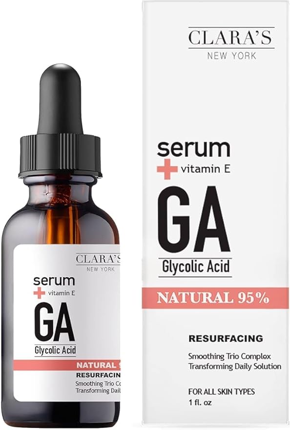 CLARA'S NEW YORK Glycolic Acid Facial Serum with Vitamin E – Exfoliating & Hydrating Face Serum for Smoother, Glowing Skin – 30ml / 1 Fl Oz – Made in USA