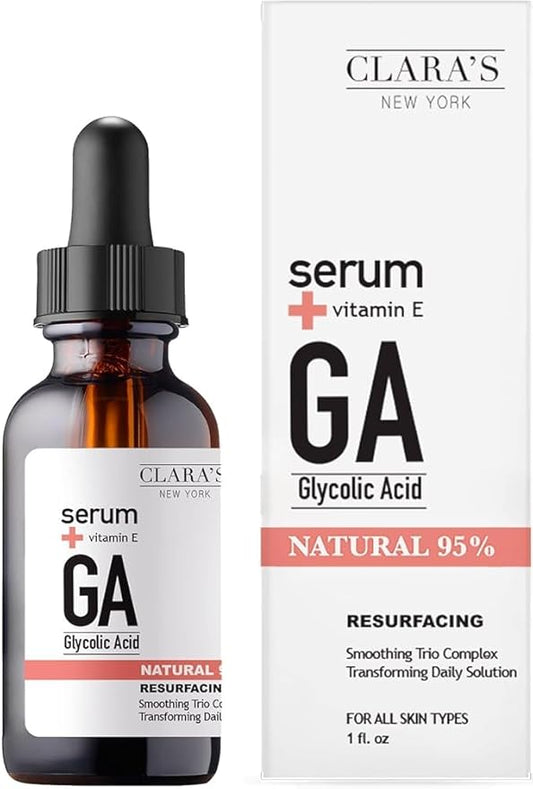 CLARA'S NEW YORK Glycolic Acid Facial Serum with Vitamin E – Exfoliating & Hydrating Face Serum for Smoother, Glowing Skin – 30ml / 1 Fl Oz – Made in USA
