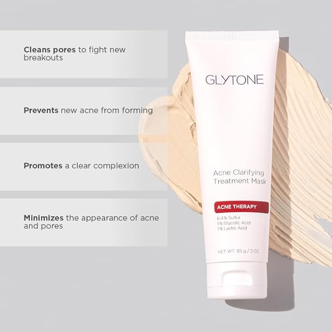 Glytone Acne Clarifying Mask | Sulfur Acne Face Mask Purify Pores and Clearer Complexion | Exfoliating & Soothing Therapy with 6.4% Sulfur, 1% Glycolic & Lactic Acid | Calming facial Clay - 3 oz