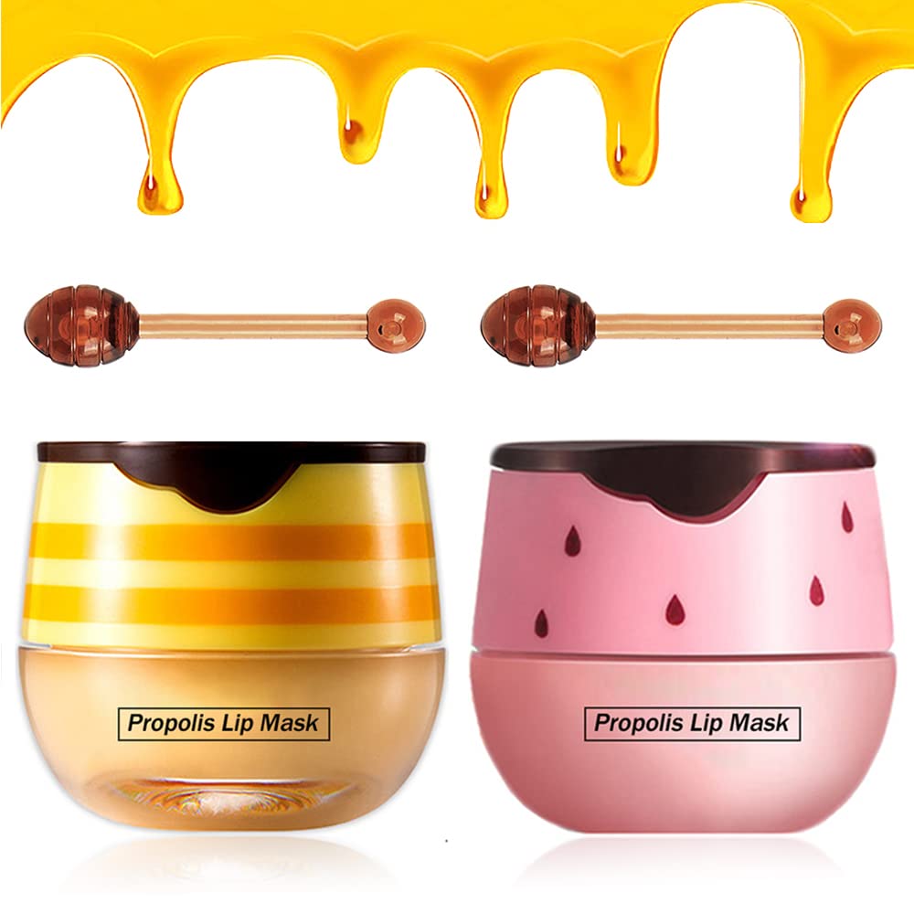2PCS Bee Lip Balm Honey Pot - Strawberry & Honey Moisturizing Propolis Mask, Hydrating Prevention for Dry and Cracked Skin, Scrubs Exfoliator, Sleep Mask Reduces Lines, Skin Care Products