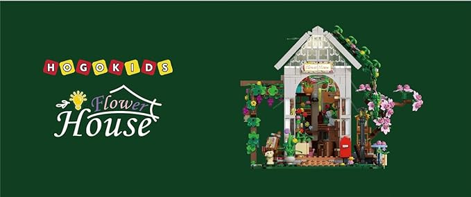 HOGOKIDS Flower House Building Set with LED Light - 1332 PCS Garden House Buiding Toy with Flowers Potted Plants Parrot Cat Animals Playset Greenhouse Model Xmas Gift for Adults Teens Girls Ages 8+