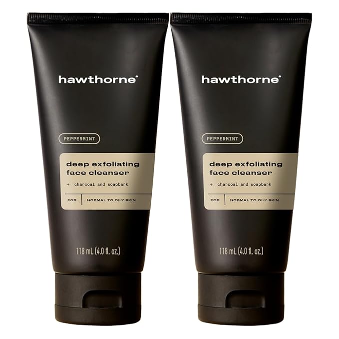 Hawthorne Men's Deep Exfoliating Charcoal Face Wash Cleanser For Normal to Oily Skin. Eliminate Dirt, Grease, and Grime. Natural Ingredients, Vegan, Sulfate Free. 2-Pack, 4 Fl. Oz. Each