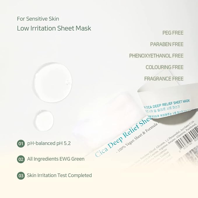 Vegan Cica Deep Relief Sheet Mask | Essence Full Face Facial Mask Sheet, Sensitive Dry Skin, Soothing, 100% Vegan Formula, Birch Sap, Panthenol, All Green EWG, Microfiber Sheet Korean Face Mask Set for Women, Men, 0.84Oz (25ml)