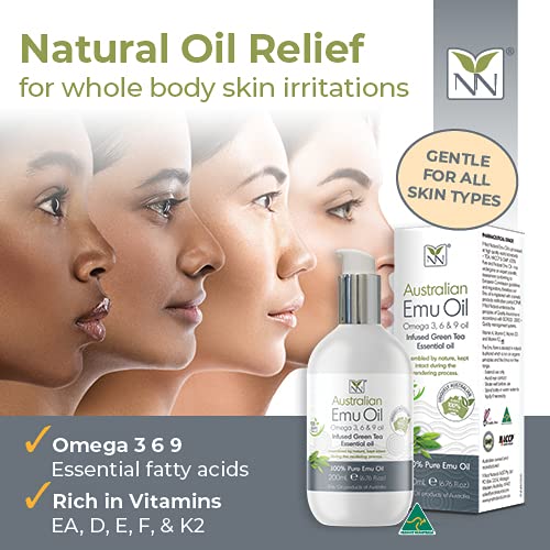 Y-Not Natural Ultra Pure Australian Emu Oil - Luxury, Hospital Grade Emu Oil 200mL | Free Range Aboriginal Omega 3, 6 & 9 Oil Infused with Green Tea - The Ultimate Moisturizer for Skin, Hair, Nails, and Scalp