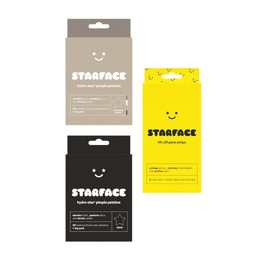 Starface World Black Star Hydrocolloid Pimple Patches Big Pack (96 ct), Lift Off Pore Strips for Blackheads and Clogged Pores (8 ct), and Earth Star Hydrocolloid Pimple Patches Big Pack (96 ct)