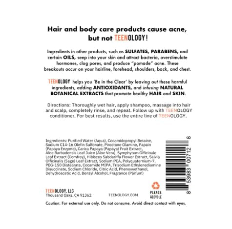 Teenology Shampoo for Teens - Avoid Forehead and Body Acne - No Sulfates or Parabens, Noncomedogenic, Natural Botanical Extracts, 16 oz. (Fresh Papaya)