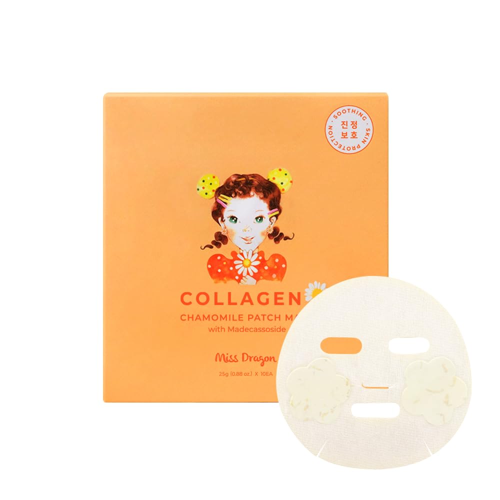 miss dragon Chamomile Collagen Patch Mask (10 Pack) – Cruelty Free Collagen Korean Skincare Facial Cotton Sheet Mask for Sensitive Skin