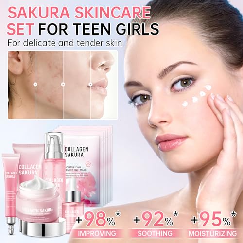 Sakura Skin Care Set for Teen Girls, 10-In-1 Travel Skin Care Kits with Collagen, Hydrates & Soothes, Cherry Blossom Skincare Gift Set for Teens & Women, Moisturize & Repair Skin, Daily Skin Care