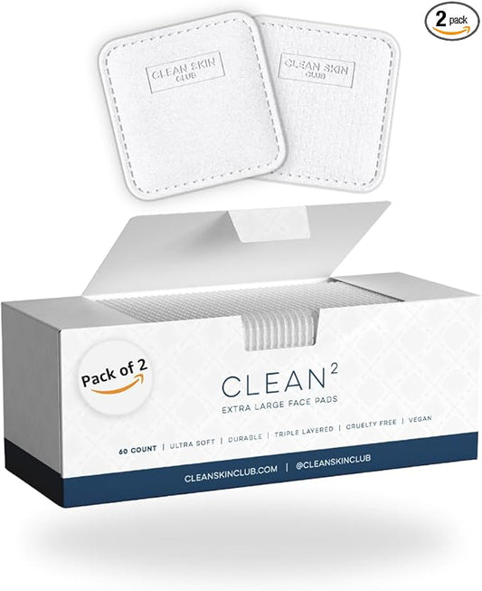 Clean Skin Club Clean² Pads 2.0 [New & Improved Edges] Guaranteed Not to Shed & Tear, Unique Triple Layers, Textured Side & Ultra Soft Side, Organic Disposable Cotton, Pair with Makeup Remover 2 Pack