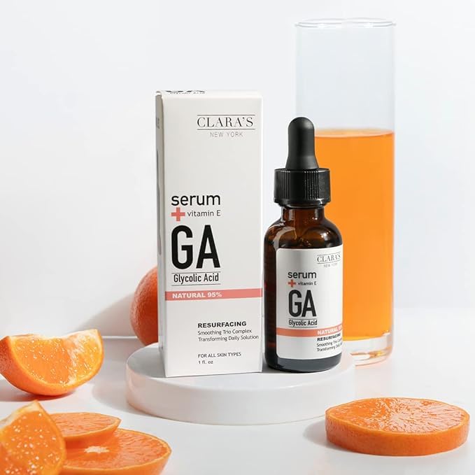 CLARA'S NEW YORK Glycolic Acid Facial Serum with Vitamin E – Exfoliating & Hydrating Face Serum for Smoother, Glowing Skin – 30ml / 1 Fl Oz – Made in USA