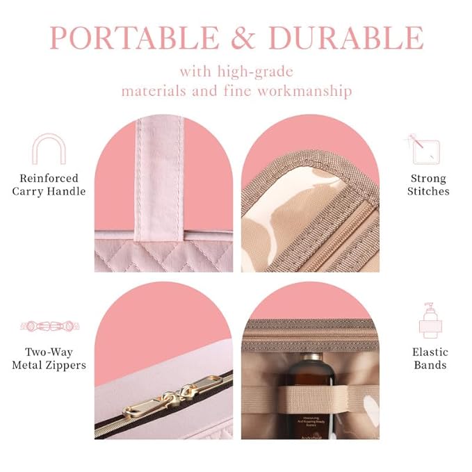 HOTOR Travel Toiletry Bag w/Hanging Hook - Spacious Toiletry Bag Essentials for Women & Men, Makeup Bag/Big Comparment, Waterproof for Travel Accessories, Large, Pink