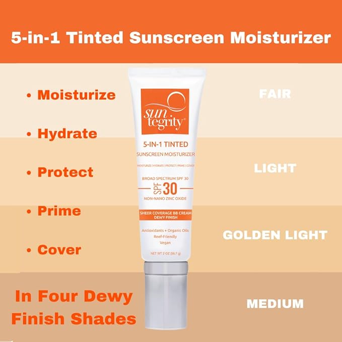 Suntegrity Tinted 5 in 1 Mineral Sunscreen for Face (SPF 30-2 oz) - Medium | BB Cream Moisturizer with Physical UVA/UVB Broad Spectrum Protection | Safe for Sensitive Skin
