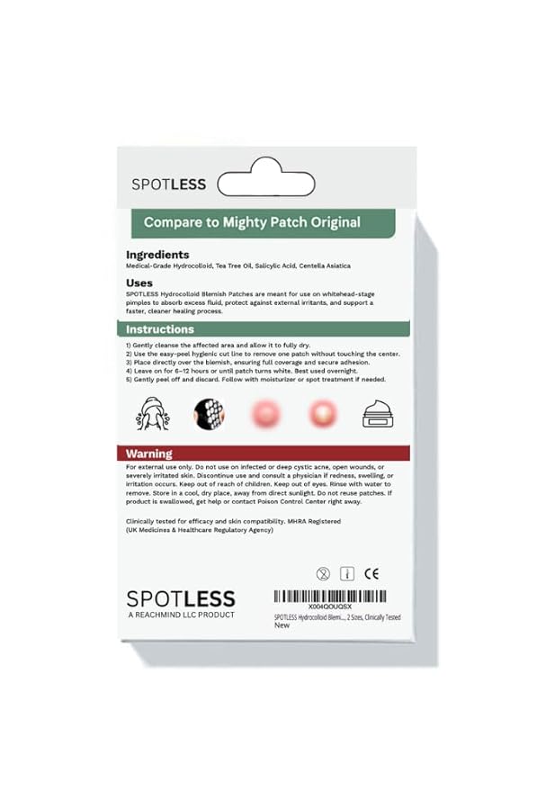 SPOTLESS Hydrocolloid Blemish Patches, 72 Count, Latex-Free, 2 Sizes, Clinically Tested, Salicyclic acid, Tea Tree oil