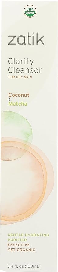 Zatik Naturals - Clarity Cleanser - with Coconut Milk and Matcha- USDA Organic, for Dry Skin, Vegan Non-GMO, Free of Gluten, Soy and Alcohol, pH Balanced, Biodegradable, 3.4 fl oz,100ml
