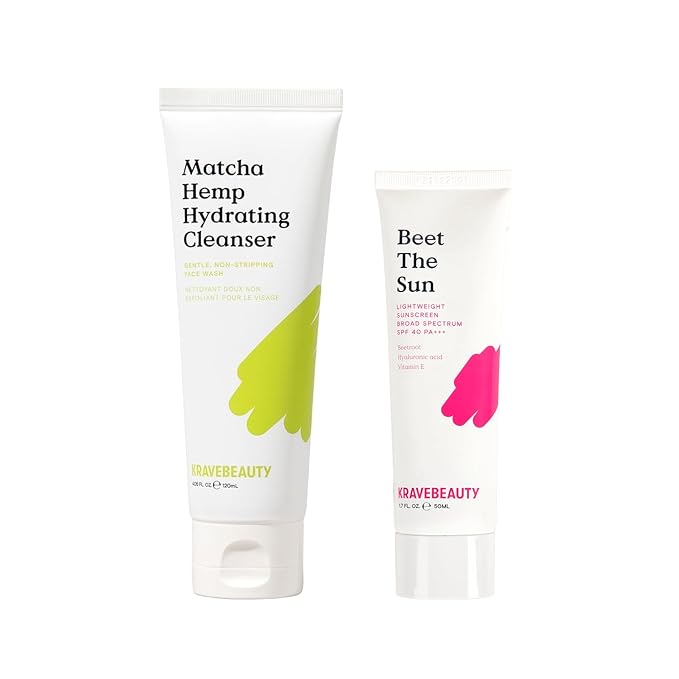 KraveBeauty Cleanse + Protect Duo, Contains Matcha Hydrating Cleanser + Beet The Sun, Gentle Face Wash & Chemical Non-Greasy SPF, Daily Skincare Essentials, Vegan & Cruelty Free, 4.05 fl oz 1.7 fl oz