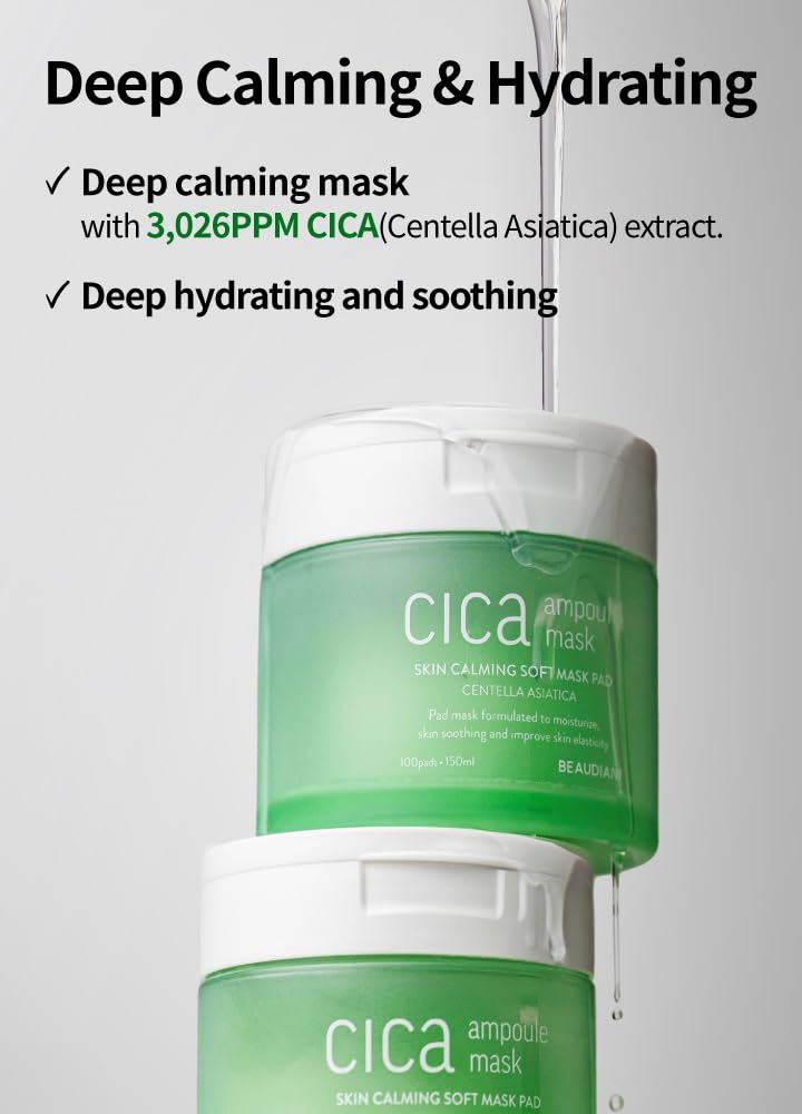 BEAUDIANI CICA Ampoule Toner Pads – 100 Pre-Soaked Facial Pads with Centella Asiatica, Hyaluronic Acid & Peptides | Korean Skincare for Sensitive Skin, Hydrating & Soothing