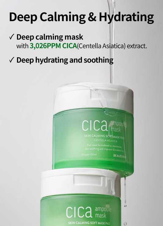 BEAUDIANI CICA Ampoule Toner Pads – 100 Pre-Soaked Facial Pads with Centella Asiatica, Hyaluronic Acid & Peptides | Korean Skincare for Sensitive Skin, Hydrating & Soothing