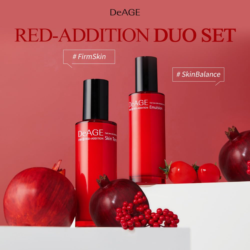 CHARMZONE DeAge Red Addition (New Version) Korean Skincare Set – Anti-Aging Toner & Emulsion Duo (100ml / 3.38 fl.oz Each) with Red Wine, Pomegranate & Tomato for Hydration, Firming & Radiance