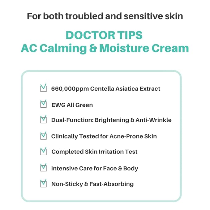 DOCTOR TIPS AC Calming & Moisture Cream 1.69 Fl. Oz, 50ml | 660,000ppm Centella Asiatica, Adenosine, Niacinamide, Pyrus malus(apple) Fruit Extract| Pore-Tightening, Lightweight Korean Moisturizer