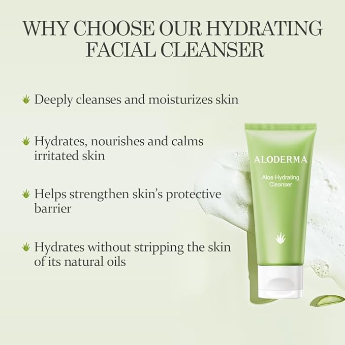 Aloderma Hydrating Facial Cleanser with Organic Aloe Vera - Daily Moisturizing Aloe Face Wash with Shea Butter, Vitamin E - Nourishing Face Cleanser for Normal, Dry Skin, Non-Comedogenic, 100g/3.5oz